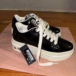 Miu Miu Black Patent Platform Sneakers with White Laces